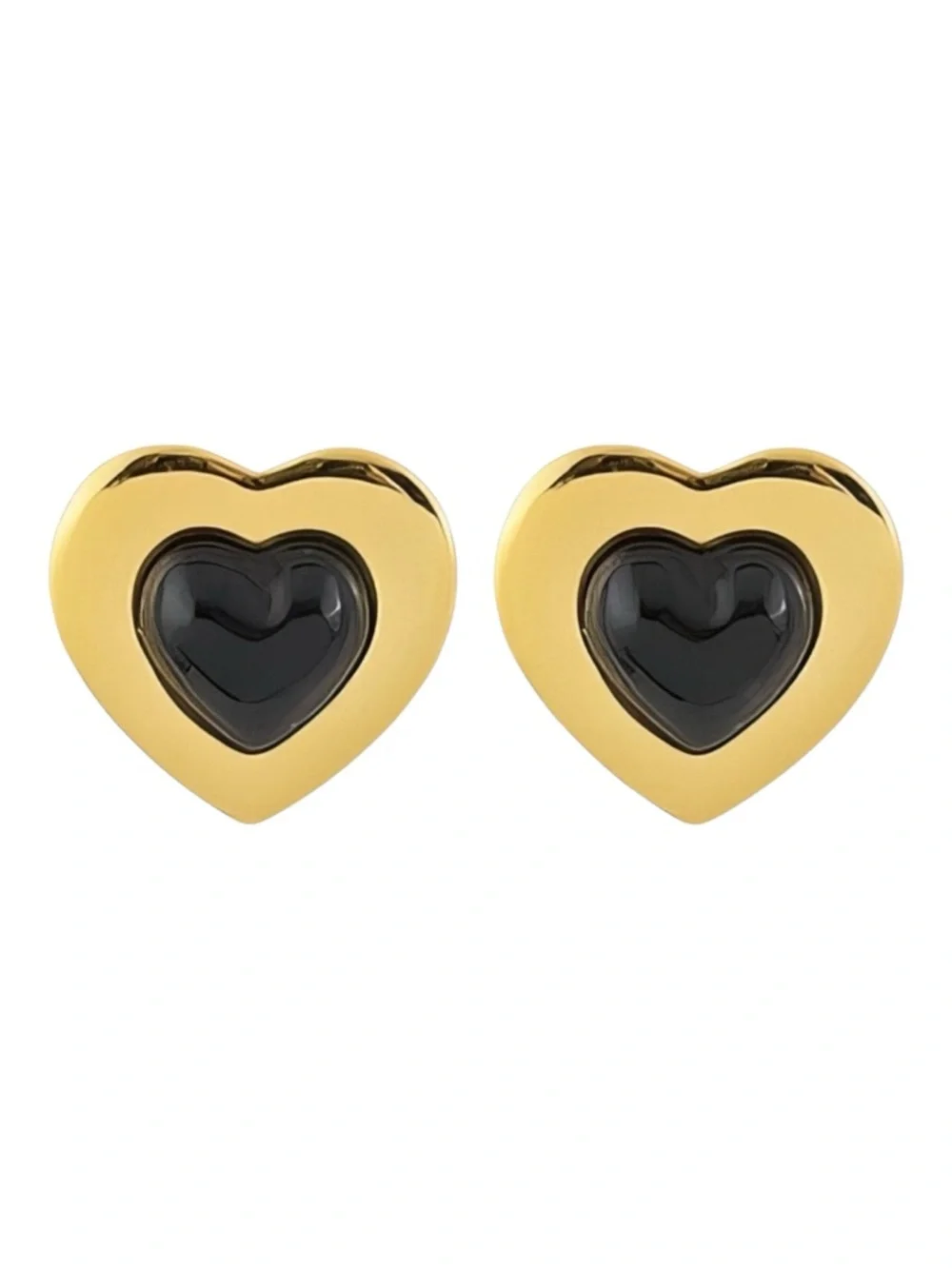 18K Gold Plated Black Heart Stud Earrings Stainless Steel Waterproof NWT